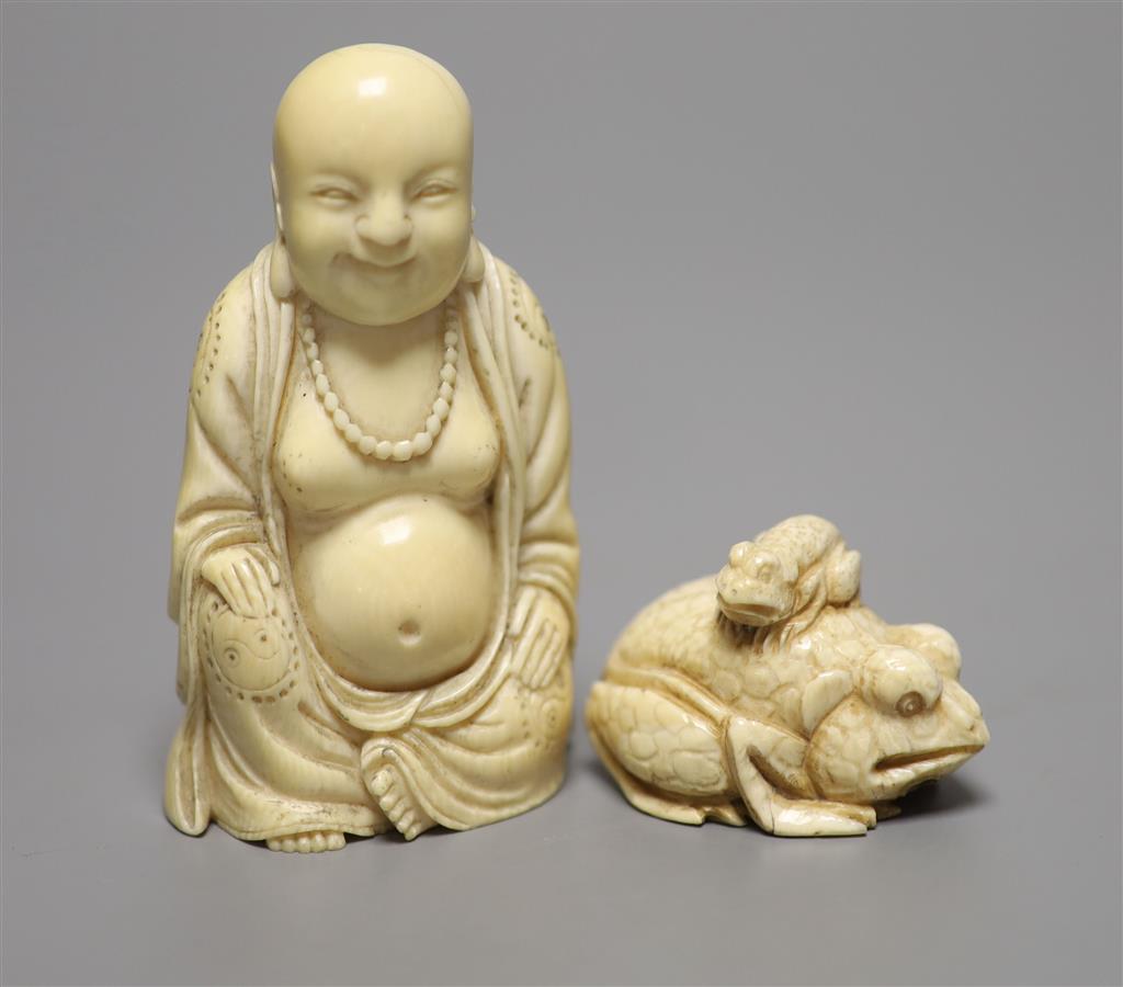 A Meiji period Japanese carved ivory netsuke, and an ivory figure